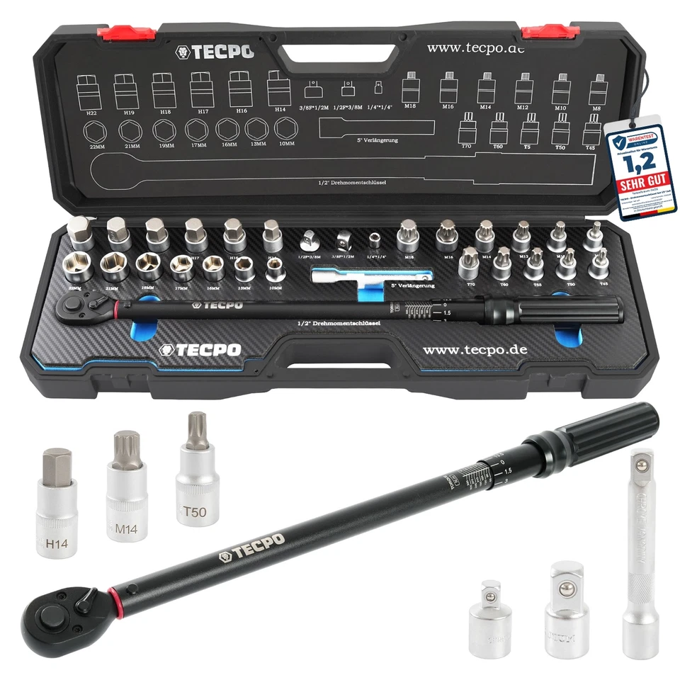 TECPO DREHMOMENTSCHLÜSSEL-SATZ 1/2" 50-350 Nm DREHMOMENT SCHLÜSSEL BIT NUSS SET - Bild 1 von 4