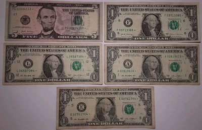 5 Star Notes Authentic Well  Circulated U.S. Currency 1 5 4 1 dollar bills crics - Image 1 of 4