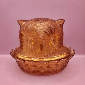 Vintage Amber Glass Nesting Owl On Nest Candy Trinket Dish w/ Lid, Scalloped - Picture 1 of 9