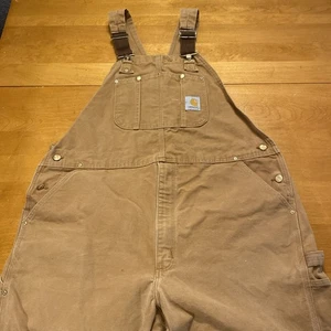 Vtg Carhartt Brown Duck Bib Overalls R01BRN  44x 32 Unlined Double Knee USA - Picture 1 of 21