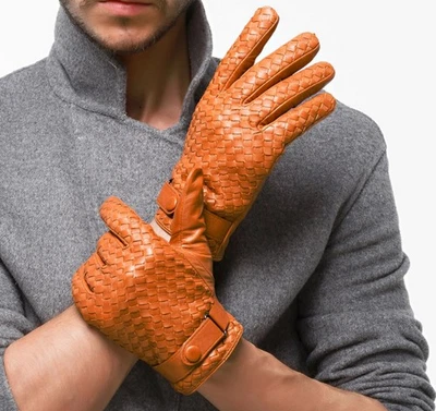 New Men's 100% Real Weave Leather Classical Winter Touch Screen Driving Gloves - Image 1 of 4