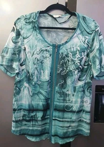 Bonita Green Floral Mesh Top EU44 US12 UK16 Short Sleeve Graphic Blouse Full Zip - Picture 1 of 14