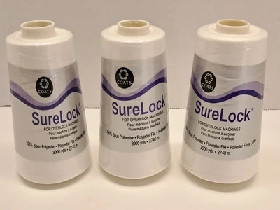 Coats SureLock Overlock Machine Thread 100% Polyester 3000 Yds, White Lot of 3 - Image 1 of 3