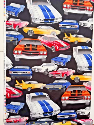 Alexander Henry PURE MUSCLE  Cars Cotton Fabric Black  1/2 Yard New 2004 Rare - Image 1 of 4