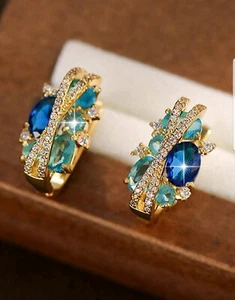 1pair Gorgeous Blue White Cubic Zirconia Paved Elegant Trendy Round Decor Earrin - Picture 1 of 7