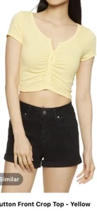 Women S = Junior L Yellow Rib Knit Button Front Short Sleeve Sexy Crop Top Shirt - Picture 1 of 5