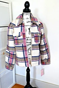 NWT Women's Avec Les Filles Pink Ivory Plaid Zipped Cropped Jacket MEDIUM NEW - Picture 1 of 7