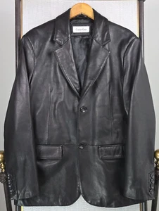 CALVIN KLEIN Mens Soft Leather Blazer Jacket Size Large Black Lined Coat Thick - Picture 1 of 14