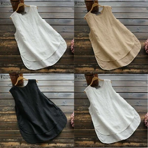 Linen Style Ladies Vest Blouse Sleeveless Top Linen Style Womens Tank Loose - Picture 1 of 11