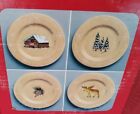 NORTHWOODS 8.25" Salad Plate Set 4Pc Pine Cones Cabin Trees Moose  Hand Painted
