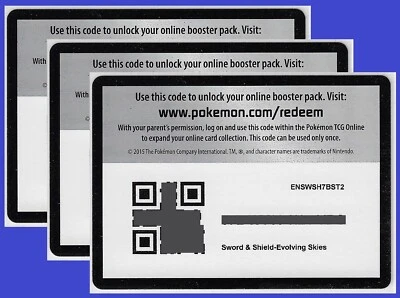 POKEMON SWSH Evolving Skies UNUSED Booster ENSWSH7BST2 ONLINE CODE - lot of 3 - Image 1 of 2
