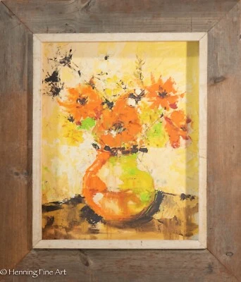 Hermosa pintura al óleo impresionista vintage de mediados de siglo de flores en maceta, bien Foto 1 de 4