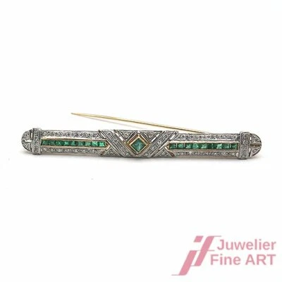Brosche -18K/750 GG/WG - 18 Smaragde zus. 2,0 ct - Diamanten zus. 1,50 ct W/SI - Bild 1 von 3