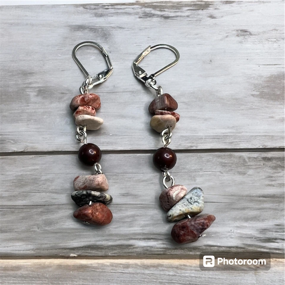 Unique stone and glass beaded earrings on hypoallergenic hinged hooks - Image 1 of 1