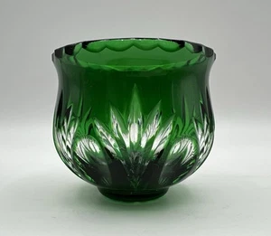 Bohemian Emerald Green Cut to Clear Crystal Votive Candle Holder 3" Vintage - Picture 1 of 6