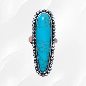 Turquoise Silver Oblong Large Oval Statement Retro Western Boho Ring Size 7.5 - Picture 1 of 8