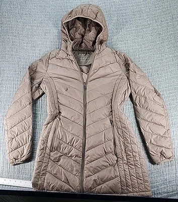London Fog Long Puffer Packable Jacket Women's Small Hooded Full Zip Gray - Image 1 of 4