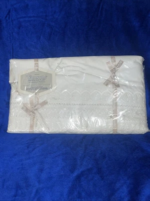 Wamsutta Supercale Plus Twin FLAT Sheet Penobscot Eyelet White Made In USA - Image 1 of 4