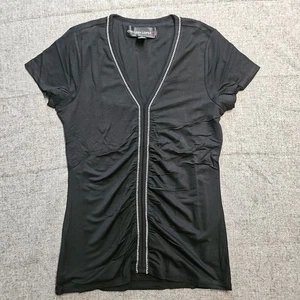 Blusa elástica adornada con ribete plateado con cuello en V acanalado negro - Imagen 1 de 6