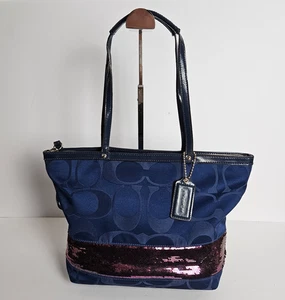 Coach Signature Tote Handbag J1120-F17574 Satin Pink Sequin Band Medium Blue Bag - Picture 1 of 24