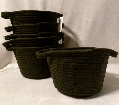 NWT 6 PC SET of CHARCOAL COTTON ROPE STORAGE BASKETS w/HANDLES Cover