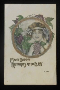 1910s Many Happy Returns of the Day Beautiful Girl with Grapes Gartner & Bender - Picture 1 of 1