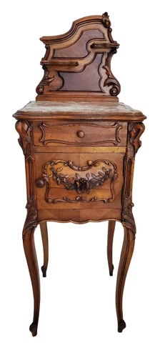 French Walnut Marble Top Louis XV Nightstand / Bedside Table with Bombay Sides Cover