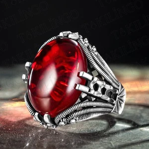 925 Sterling Silver Carving Red Ruby Color Luxury Turkish Handmade Men's Ring - Picture 1 of 4