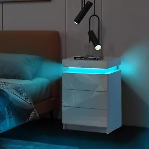 Modern Nightstand with LED Light High Gloss Bedside Table Cabinet with 3 Drawers - Picture 1 of 9