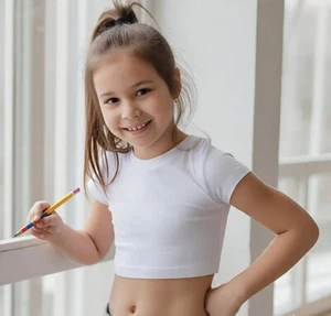 kids Cap Sleeve Crop Top Girls Round Neck Stretchy Vest T Shirt Blouse tee - Picture 1 of 5