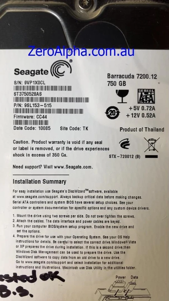 ST3750528AS, 9SL153-515, CC44, TK, 9VP1 Seagate Data Recovery Donor Hard Drive - Image 1 of 1