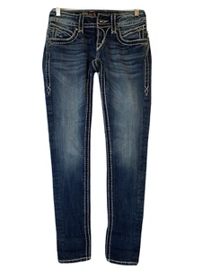 Pantalones de mezclilla ajustados escarlata Rock Revival 26 para mujer tela elástica pedrería azul - Imagen 1 de 12