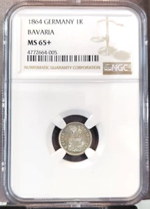 1864 GERMANY SILVER 1 KREUZER 1K BAVARIA MUNICH NGC MS 65+ GEM BU SCARCE DATE - Picture 1 of 3