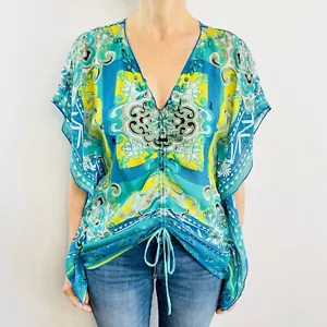 Hale Bob Cabanna Size XS Blue & Yellow Silk Beaded Drawstring Top US Designer - Picture 1 of 11