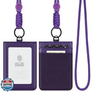 VULKIT ID Badge Holder with Lanyard for Women and Men Vertical Leather Badge - Picture 1 of 5