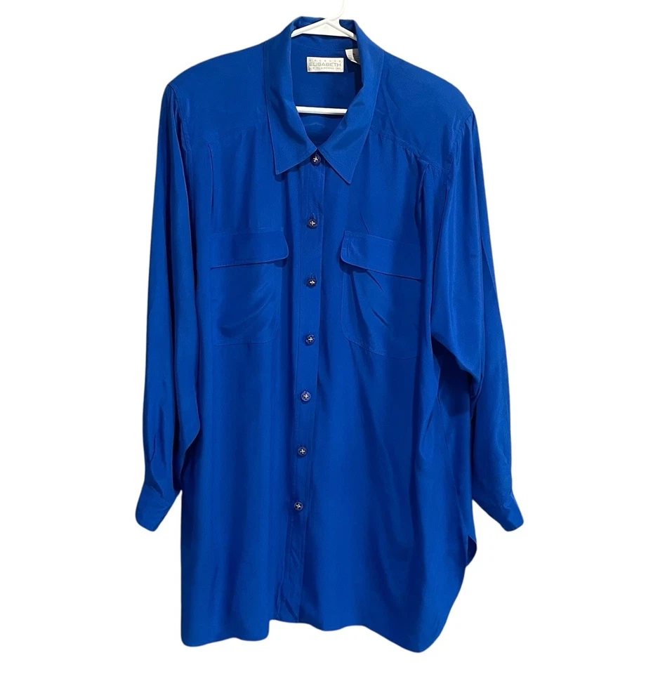 Vintage Liz Claiborne Tunic Womens 18 Blue 100% Silk Button Long Sleeve Elegant - Image 1 of 4