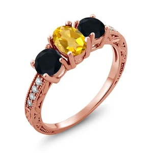 1.82 Ct Oval Citrine Black Onyx 18K Rose Gold Plated Silver Moissanite Ring G-H - Picture 1 of 4
