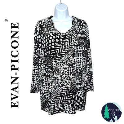 Blusa túnica pulóver Evan Picone mediana negra blanca cuello manga 3/4 elástica Foto 1 de 4