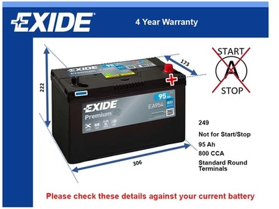 Battery fits MITSUBISHI L200 Exide 249 800A 95Ah 4Yr Warranty Quality - Image 1 of 4