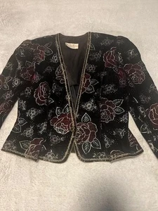 Nah Nah Collections Velvet Blazer Womens Medium Black Burgundy Floral Gold Trim - Picture 1 of 7