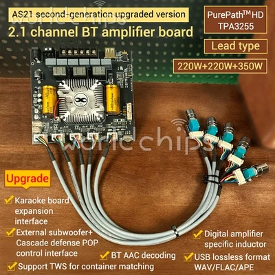 ZK-AS21 TPA3255 2.1Ch Audio Power Subwoofer Amplifier Board 300W*2+600W BT AUX - Image 1 of 4