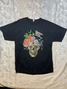 Skull Mens Black Graphic T Shirt Size L Bird Flowers - Picture 1 of 5
