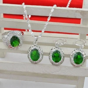 Women's Simulated Emerald Jewelry Set 925 Silver Pendant Necklace Earrings Ring - Picture 1 of 6