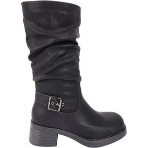 womens biker knee boots casual slouch ladies low block heel buckle zip shoes new - Picture 1 of 10