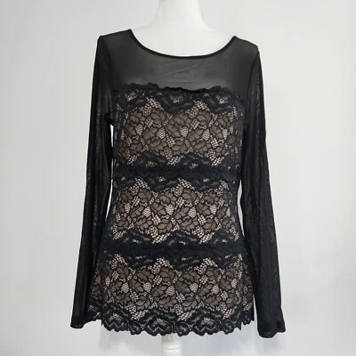 INC International Black Sheer Lace Blouse Shirt Long Sleeve Romantic Pullover L - Image 1 of 4