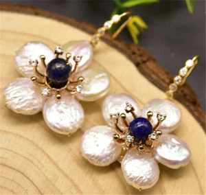 Fresh Water Pearl Flower Drop Earrings Natural Lapis Lazuli Dangle Earrings - Picture 1 of 4