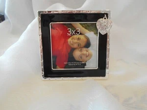 GREEN TREE GALLERY- 3X3'' 4X4'' TOTAL BLACK /SILVER TONE BEJEWELED HEART FRAME - Picture 1 of 1