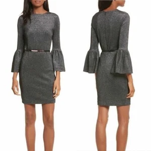 Size 3 Ted Baker Black Hanneh Fluted Metallic Bell Sleeve Mini Cocktail Dress - Picture 1 of 7