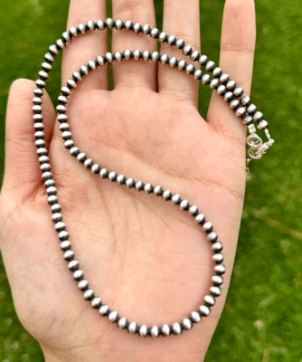 4mm 18 Inch 925 Sterling Silver Oxidized Pearls Bead Necklace Southwestern - Image 1 of 4