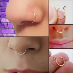 Women Nose Rings Medical Titanium Fake Septum Piercing Clip On Gold Body Hoop - Picture 1 of 15